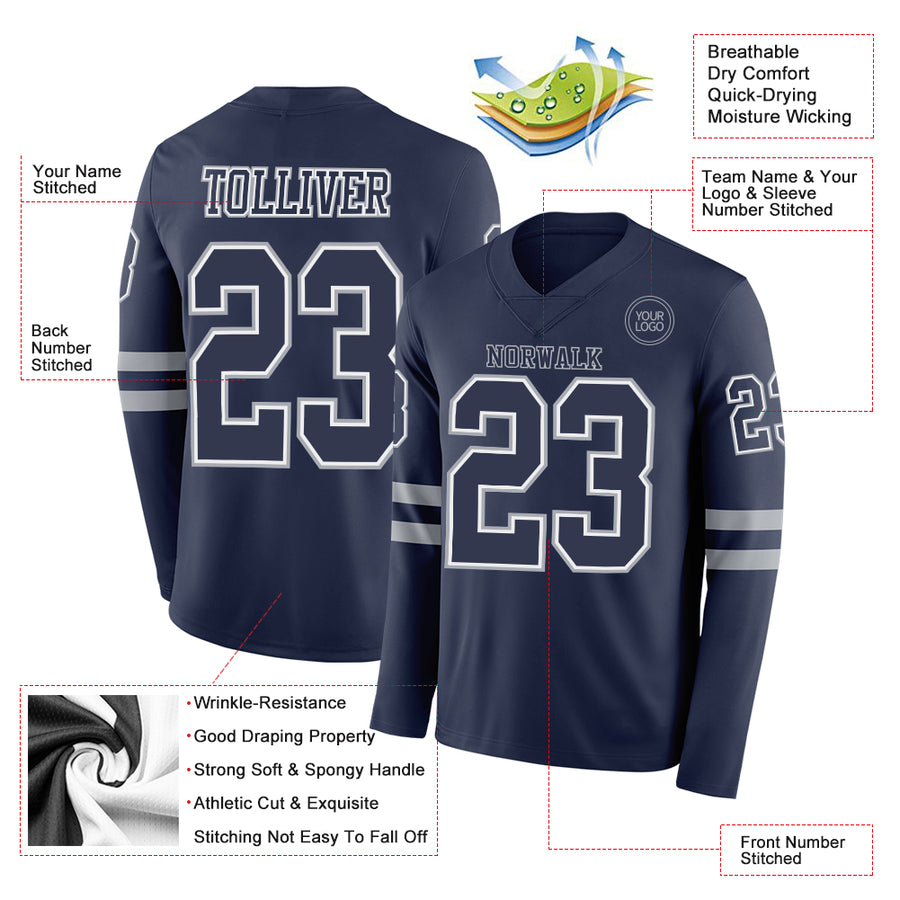 Custom Navy White-Gray Long Sleeve Authentic Football Jersey