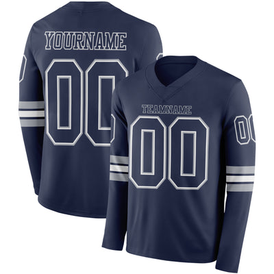 Custom Navy White-Gray Long Sleeve Authentic Football Jersey