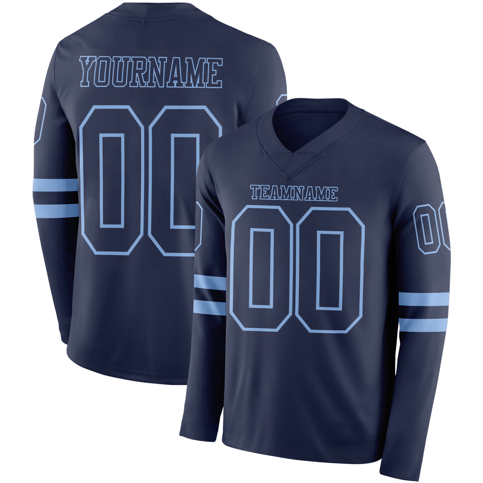 Custom Navy Light Blue Long Sleeve Authentic Football Jersey