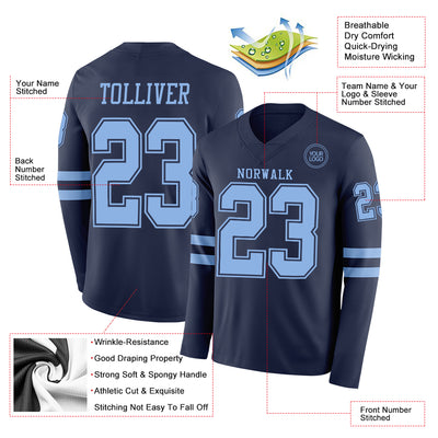 Custom Navy Light Blue Long Sleeve Authentic Football Jersey