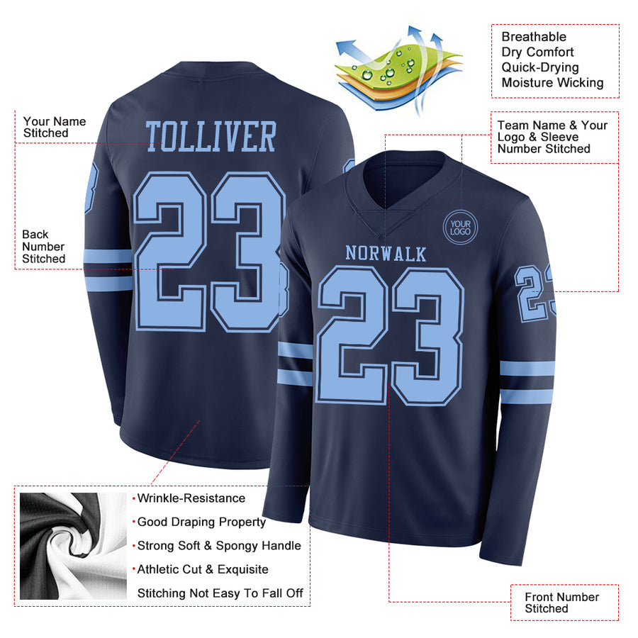 Custom Navy Light Blue Long Sleeve Authentic Football Jersey