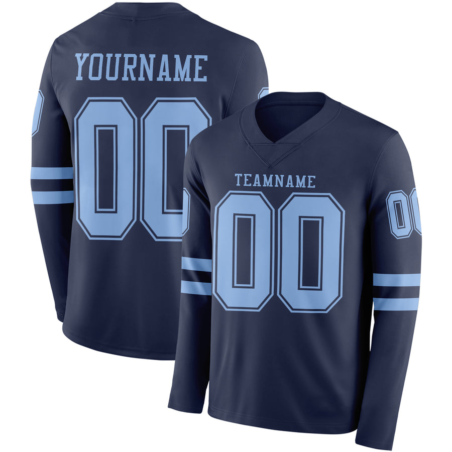 Custom Navy Light Blue Long Sleeve Authentic Football Jersey