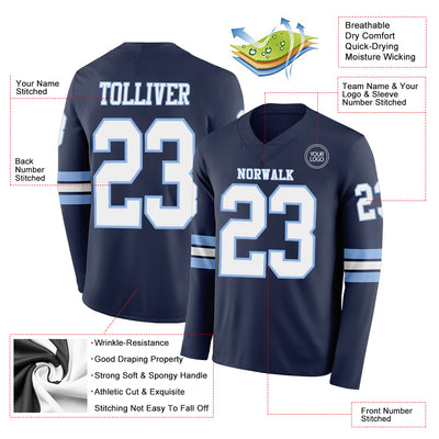 Custom Navy White-Light Blue Long Sleeve Authentic Football Jersey