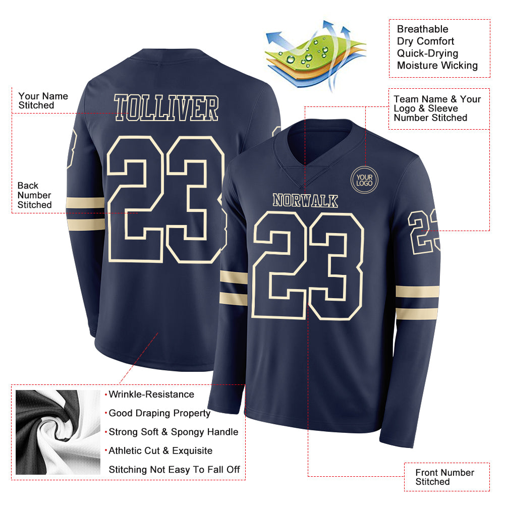 Custom Navy Cream Long Sleeve Authentic Football Jersey