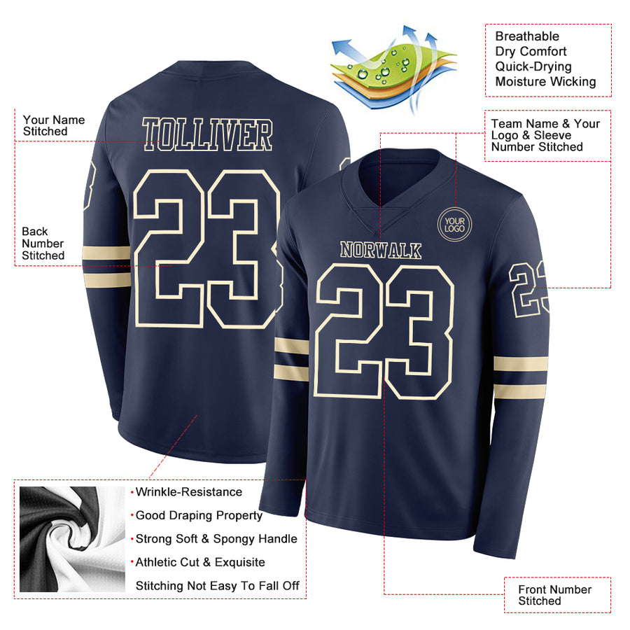 Custom Navy Cream Long Sleeve Authentic Football Jersey