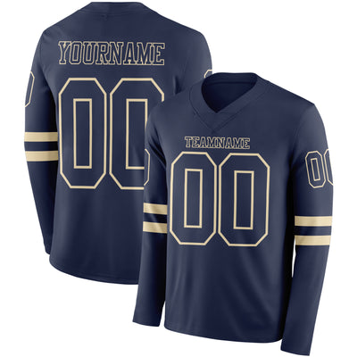 Custom Navy Cream Long Sleeve Authentic Football Jersey