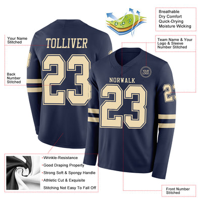 Custom Navy Cream Long Sleeve Authentic Football Jersey