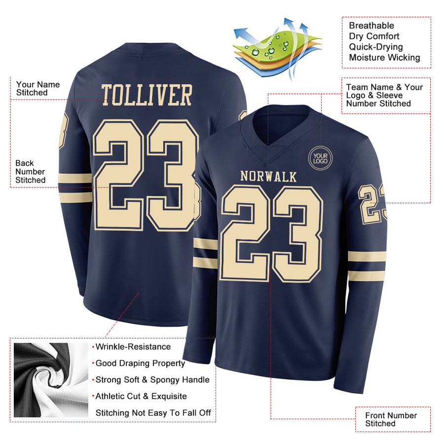 Custom Navy Cream Long Sleeve Authentic Football Jersey