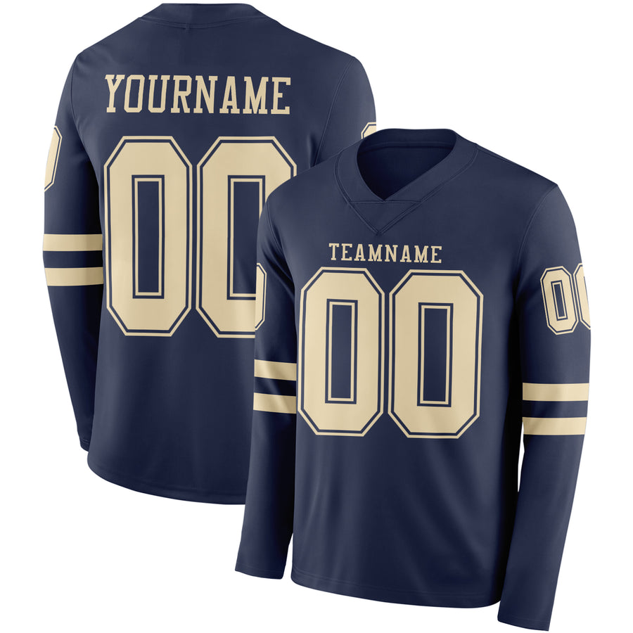 Custom Navy Cream Long Sleeve Authentic Football Jersey
