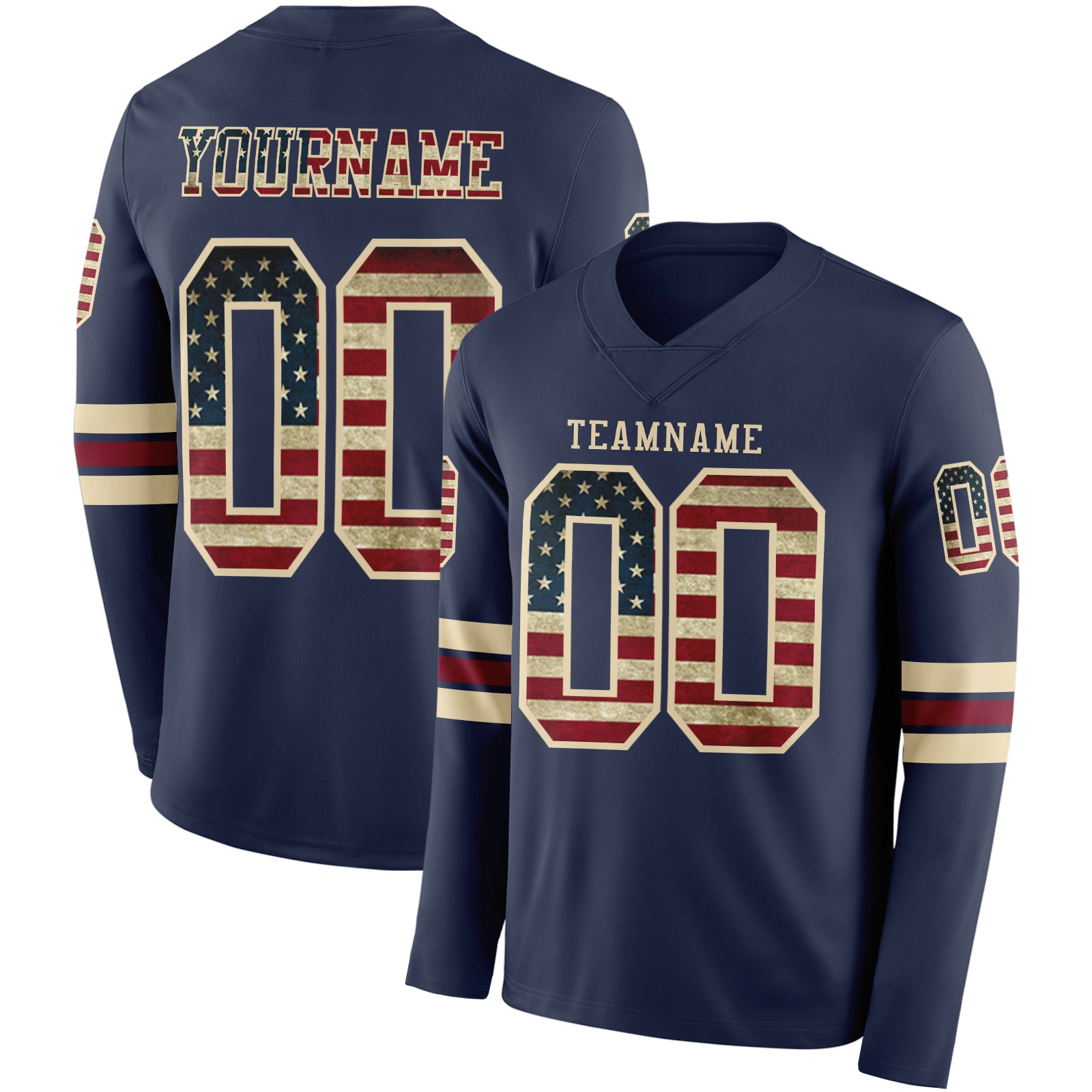 Custom Navy Vintage USA Flag Cream-Crimson Long Sleeve Authentic Football Jersey