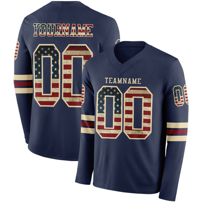 Custom Navy Vintage USA Flag Cream-Crimson Long Sleeve Authentic Football Jersey