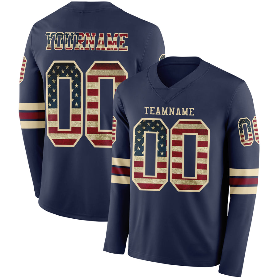Custom Navy Vintage USA Flag Cream-Crimson Long Sleeve Authentic Football Jersey