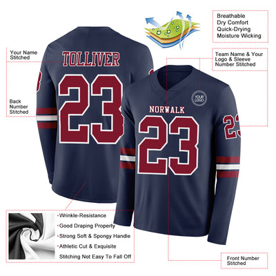 Custom Navy Crimson-White Long Sleeve Authentic Football Jersey