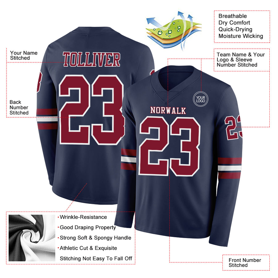 Custom Navy Crimson-White Long Sleeve Authentic Football Jersey