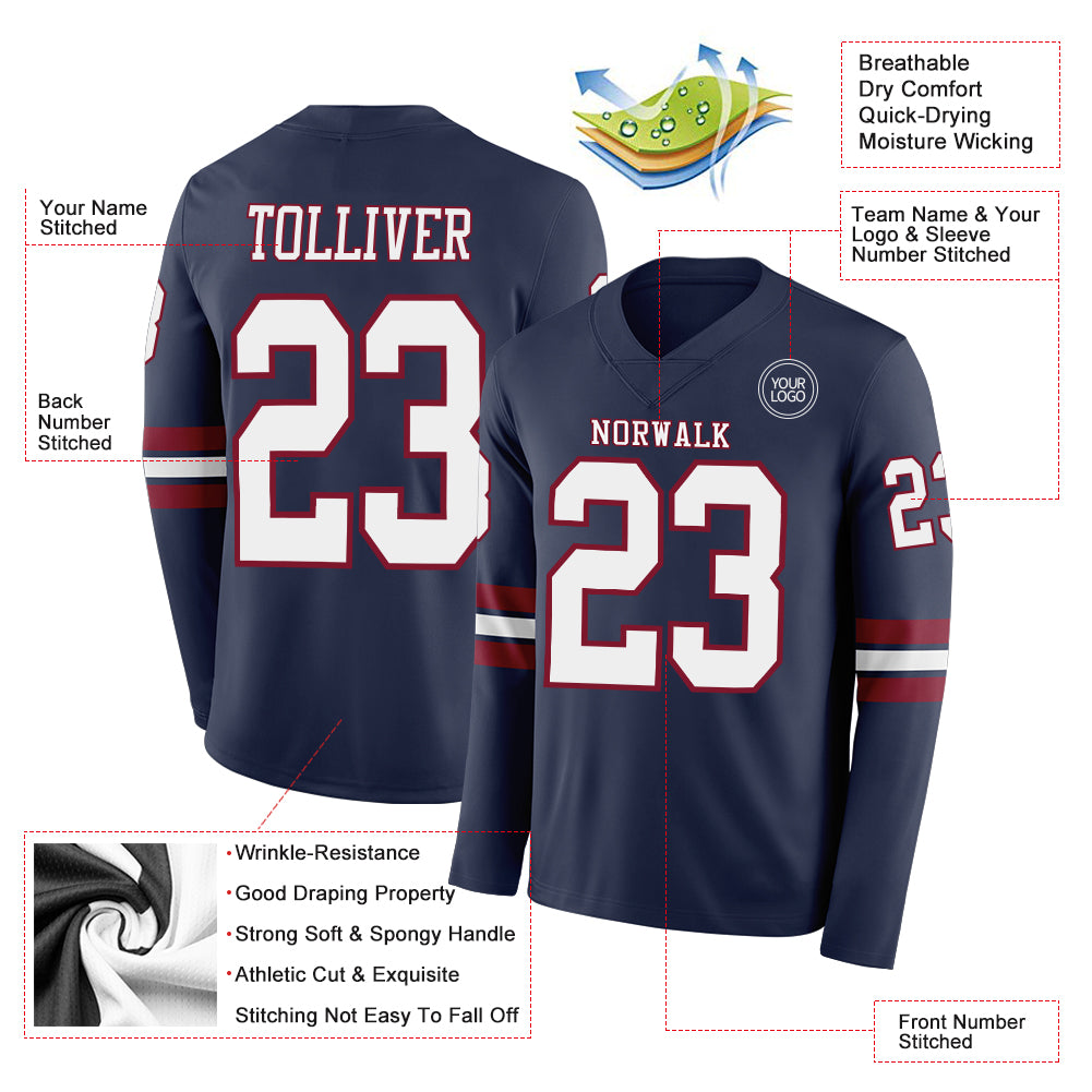 Custom Navy White-Crimson Long Sleeve Authentic Football Jersey