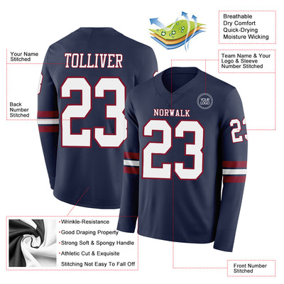 Custom Navy White-Crimson Long Sleeve Authentic Football Jersey