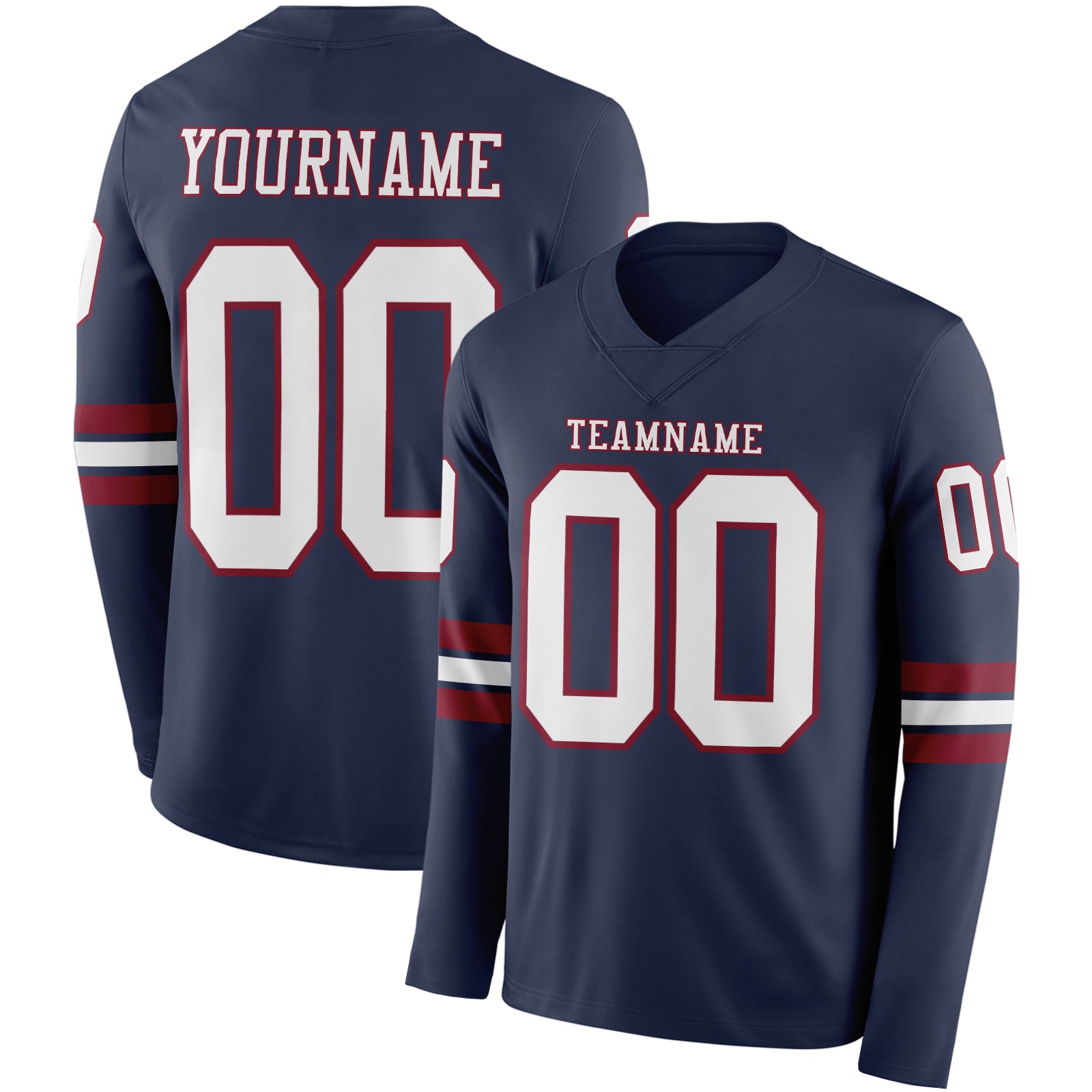 Custom Navy White-Crimson Long Sleeve Authentic Football Jersey