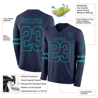Custom Navy Teal Long Sleeve Authentic Football Jersey