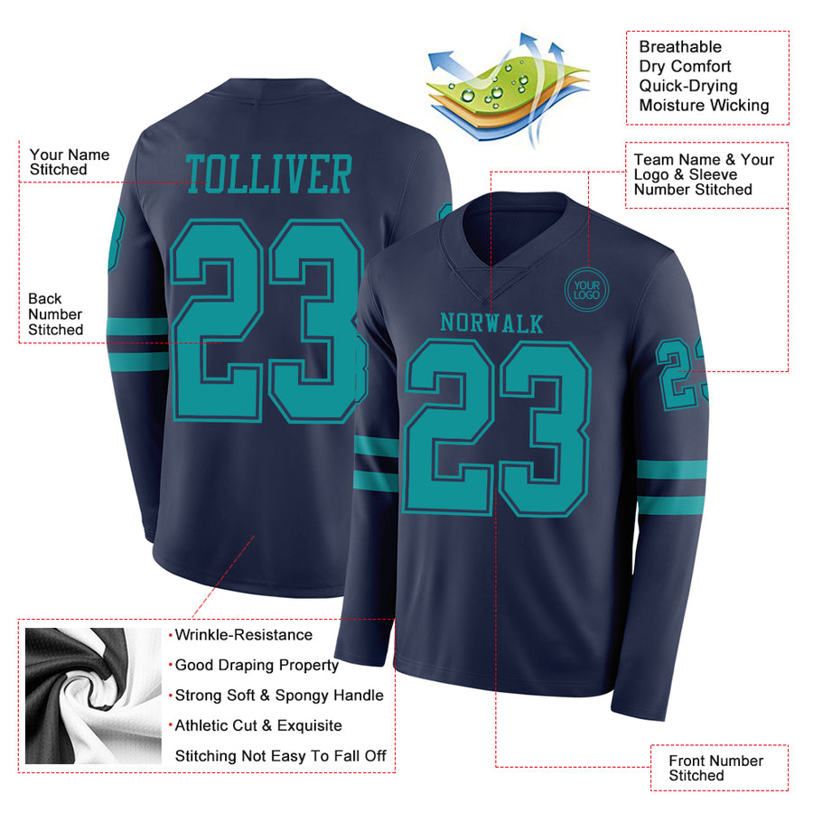 Custom Navy Teal Long Sleeve Authentic Football Jersey