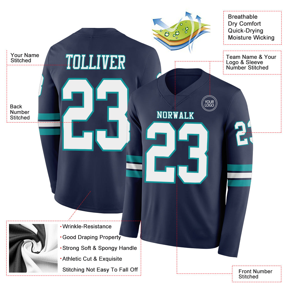 Custom Navy White-Teal Long Sleeve Authentic Football Jersey