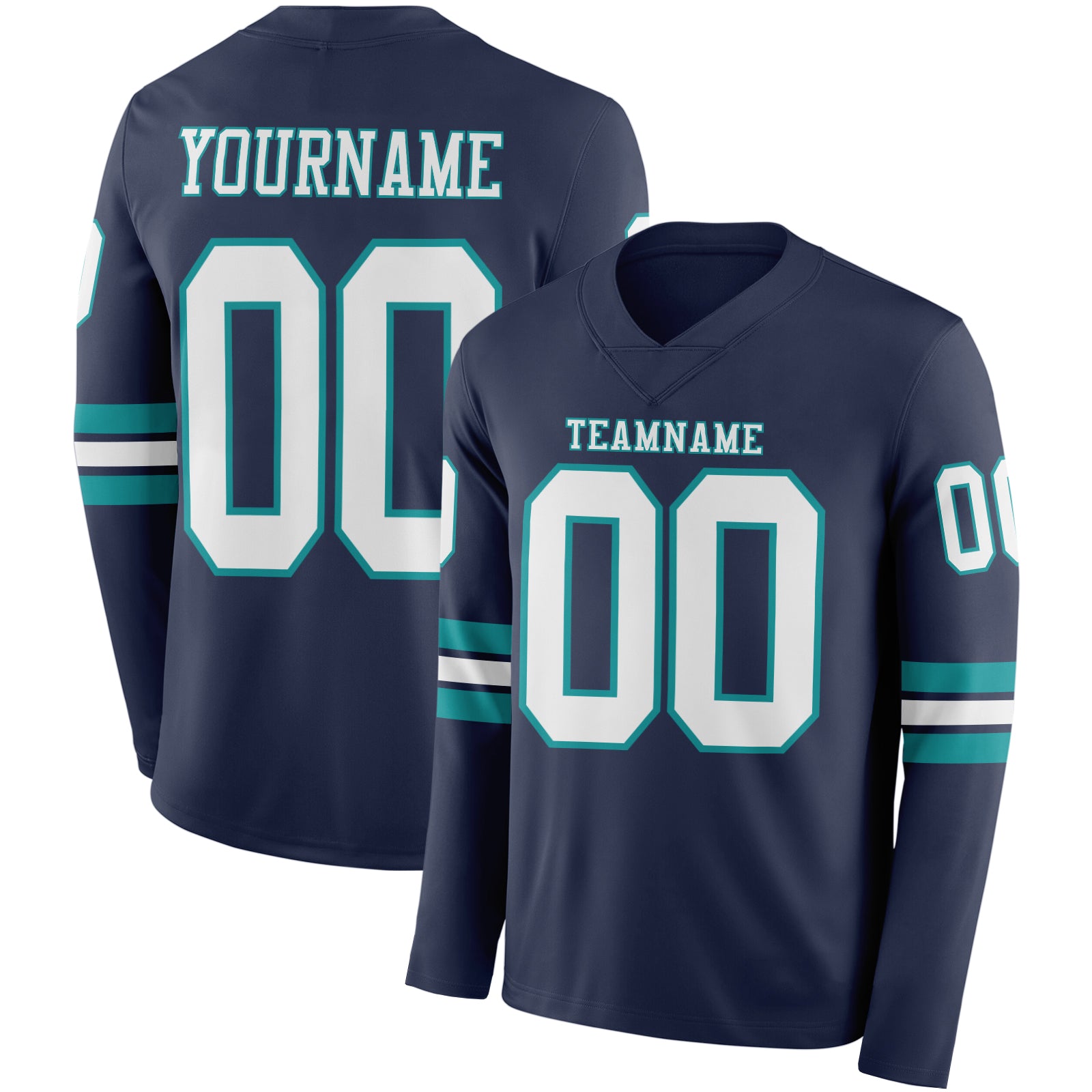 Custom Navy White-Teal Long Sleeve Authentic Football Jersey