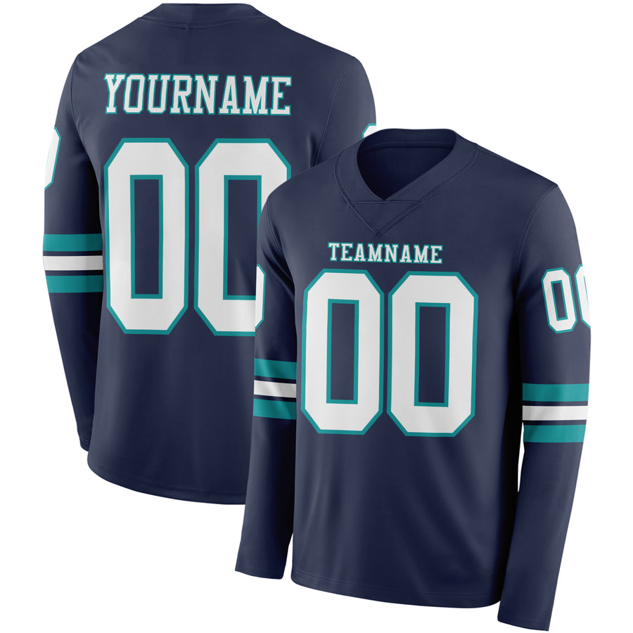 Custom Navy White-Teal Long Sleeve Authentic Football Jersey