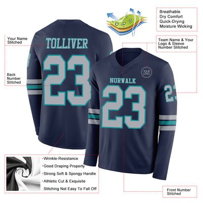 Custom Navy Gray-Teal Long Sleeve Authentic Football Jersey