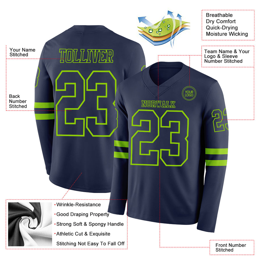 Custom Navy Neon Green Long Sleeve Authentic Football Jersey