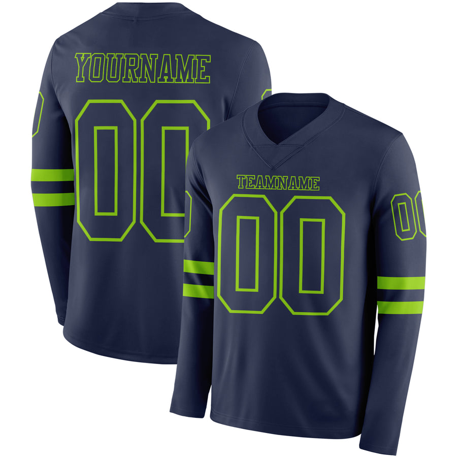 Custom Navy Neon Green Long Sleeve Authentic Football Jersey
