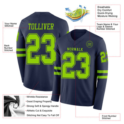Custom Navy Neon Green Long Sleeve Authentic Football Jersey