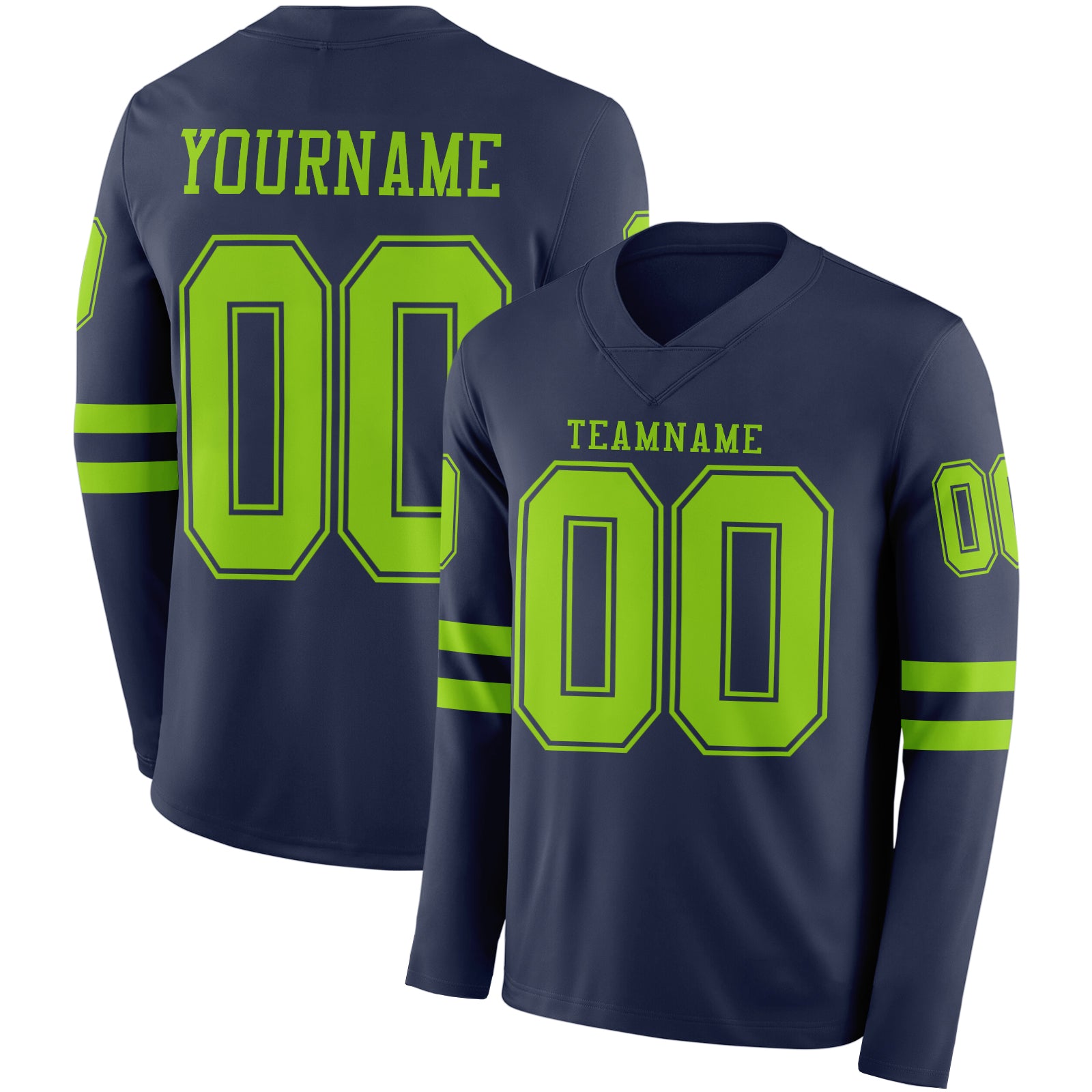 Custom Navy Neon Green Long Sleeve Authentic Football Jersey