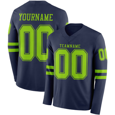 Custom Navy Neon Green Long Sleeve Authentic Football Jersey