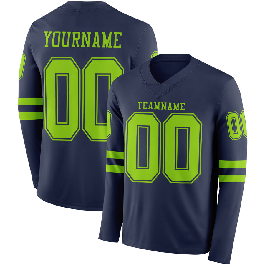 Custom Navy Neon Green Long Sleeve Authentic Football Jersey
