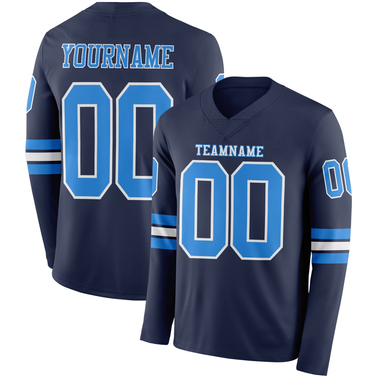 Custom Navy Powder Blue-White Long Sleeve Authentic Football Jersey