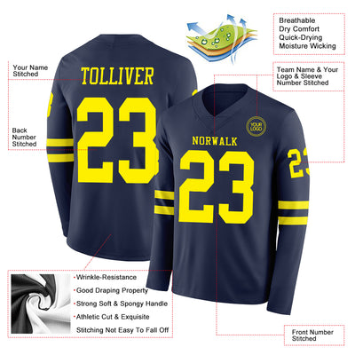 Custom Navy Light Yellow Long Sleeve Authentic Football Jersey