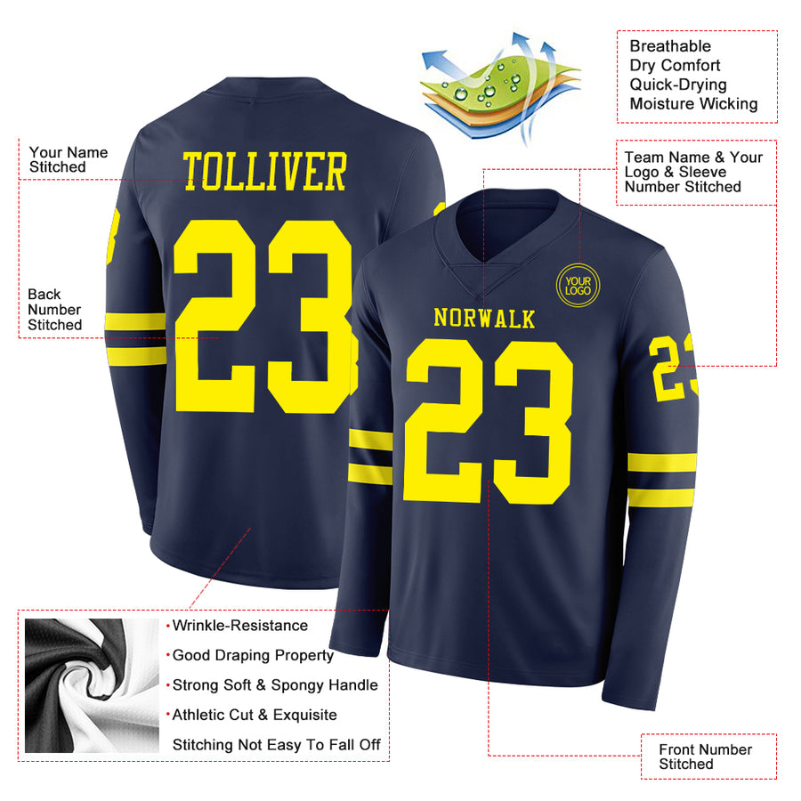 Custom Navy Light Yellow Long Sleeve Authentic Football Jersey