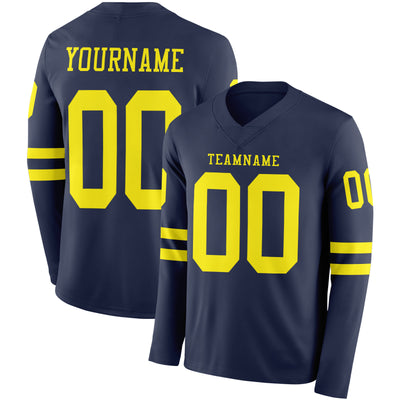 Custom Navy Light Yellow Long Sleeve Authentic Football Jersey