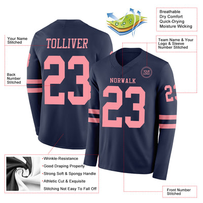 Custom Navy Medium Pink Long Sleeve Authentic Football Jersey