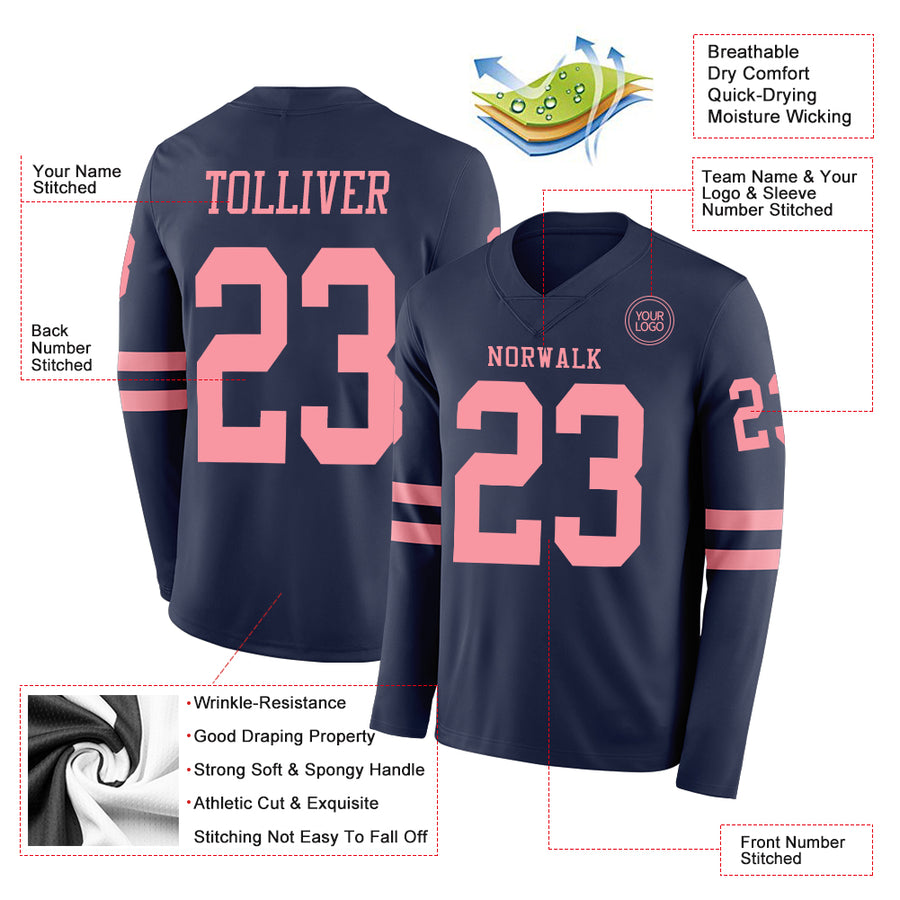 Custom Navy Medium Pink Long Sleeve Authentic Football Jersey