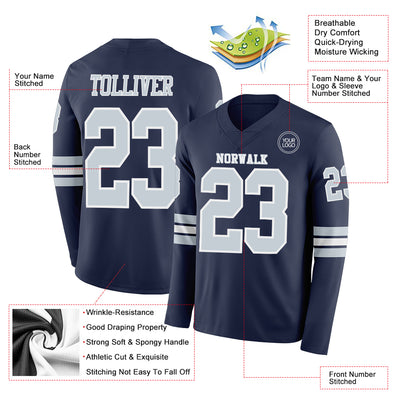 Custom Navy Silver-White Long Sleeve Authentic Football Jersey