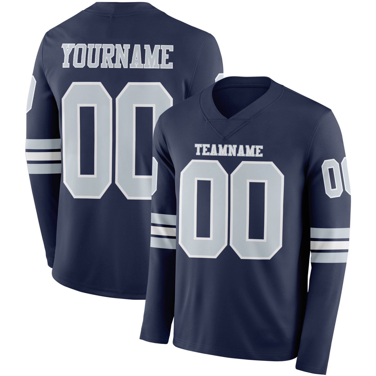 Custom Navy Silver-White Long Sleeve Authentic Football Jersey