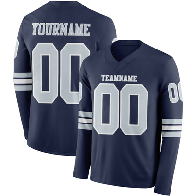 Custom Navy Silver-White Long Sleeve Authentic Football Jersey