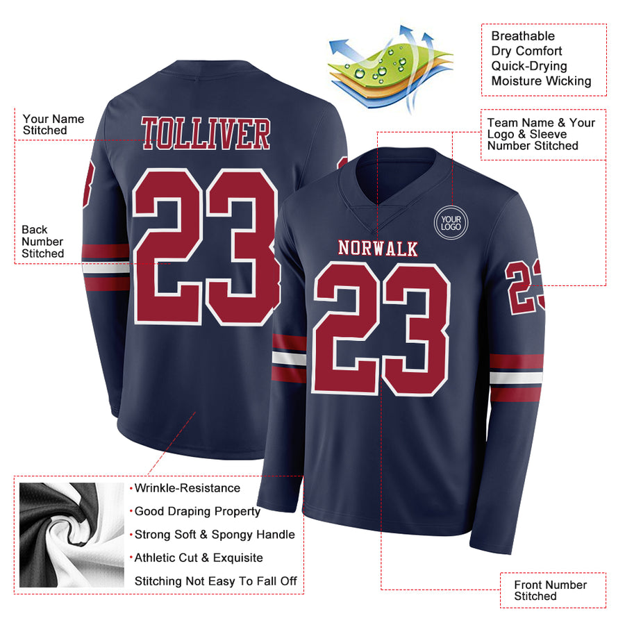 Custom Navy Cardinal-White Long Sleeve Authentic Football Jersey