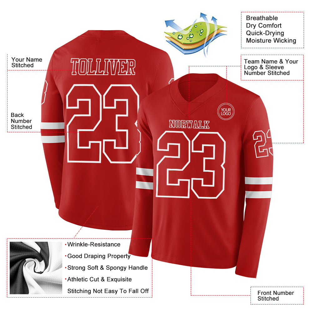 Custom Red White Long Sleeve Authentic Football Jersey