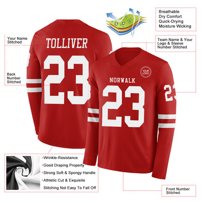 Custom Red White Long Sleeve Authentic Football Jersey
