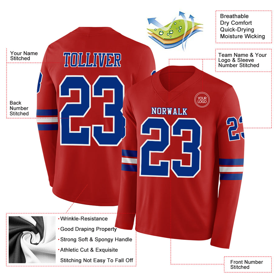 Custom Red Royal-White Long Sleeve Authentic Football Jersey