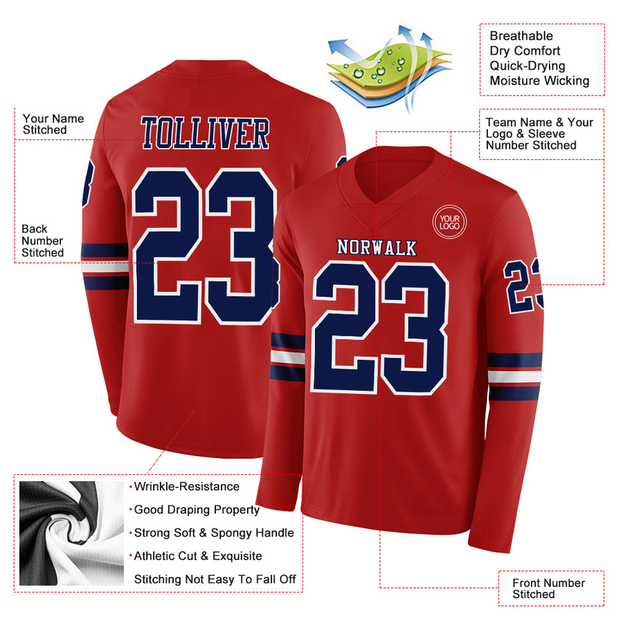 Custom Red Navy-White Long Sleeve Authentic Football Jersey