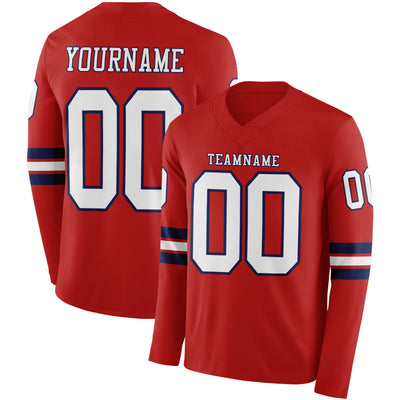 Custom Red White-Navy Long Sleeve Authentic Football Jersey
