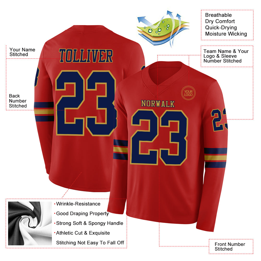 Custom Red Navy-Old Gold Long Sleeve Authentic Football Jersey