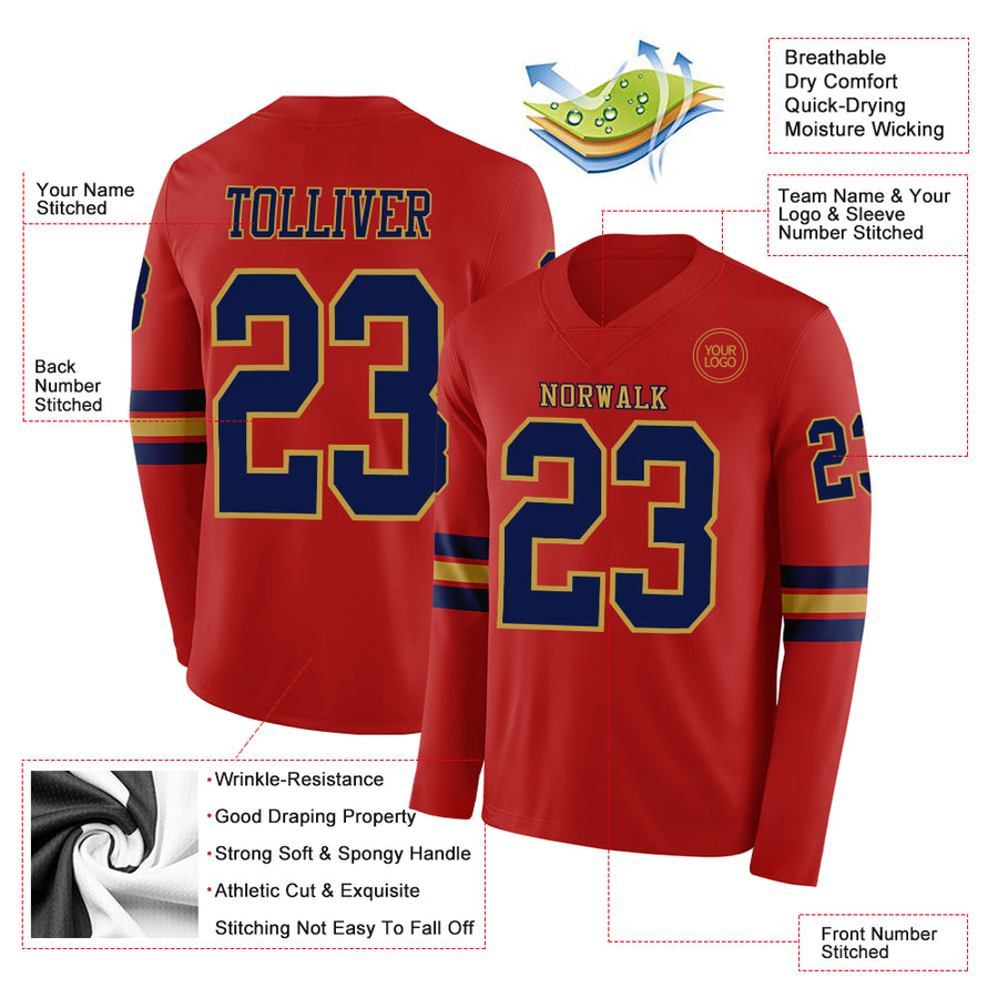 Custom Red Navy-Old Gold Long Sleeve Authentic Football Jersey